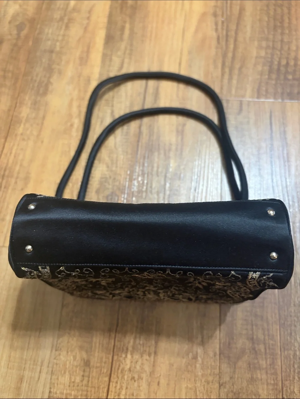 Michelle hatch New York black satin canopy embroidered handbag purse